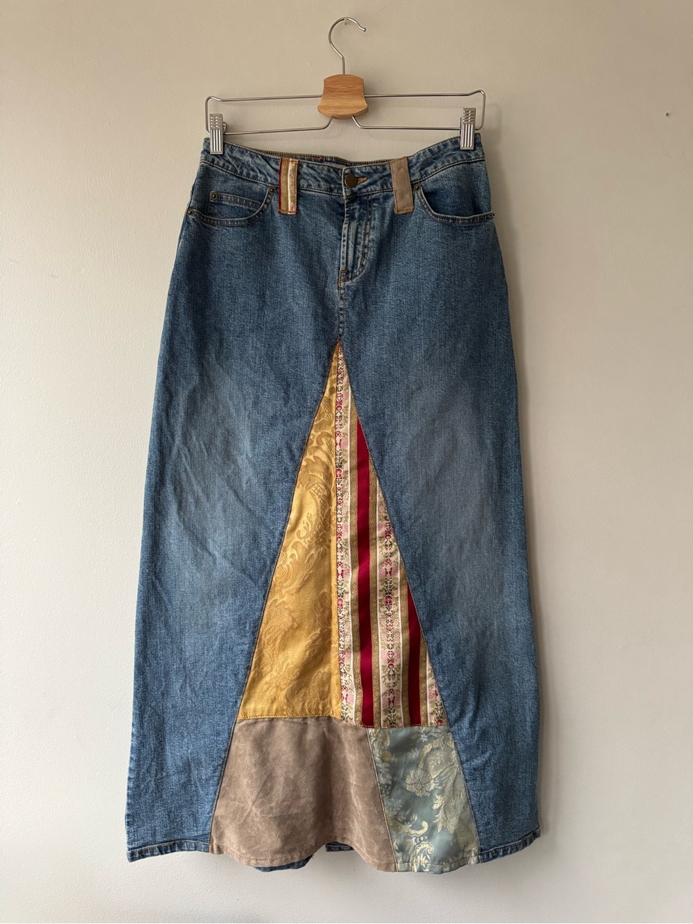 Santa Barbara Denim Maxi Skirt with Gold & Red Patch Panel